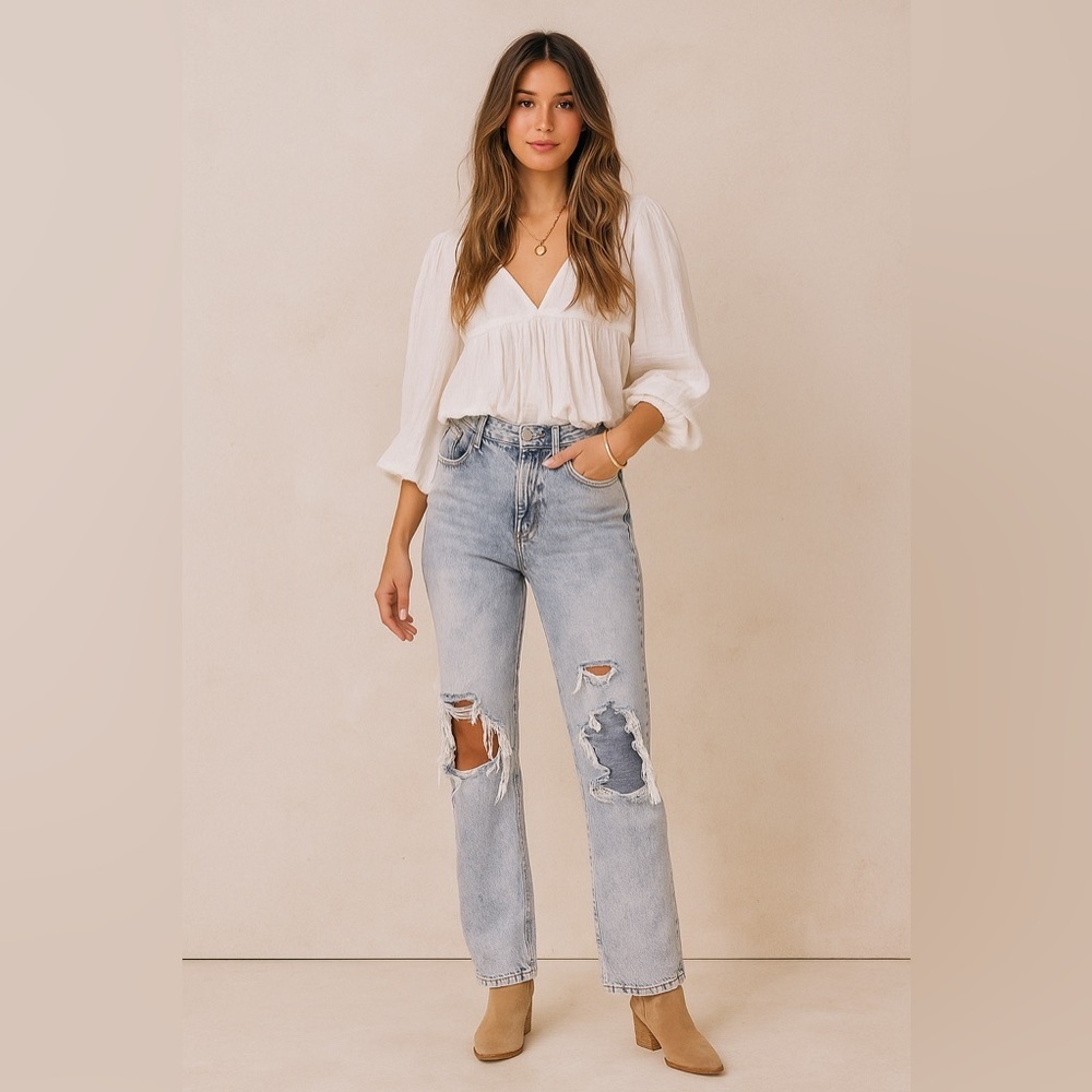 Free People We The Free âMy Own Laneâ High Rise Straight Acid Washed Jeans Sz 26